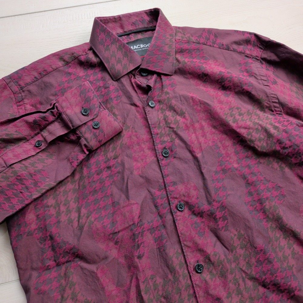 Maceoo Fibonacci Shirt Mens M Star Red Italian Jacquard Houndstooth Burgundy‎